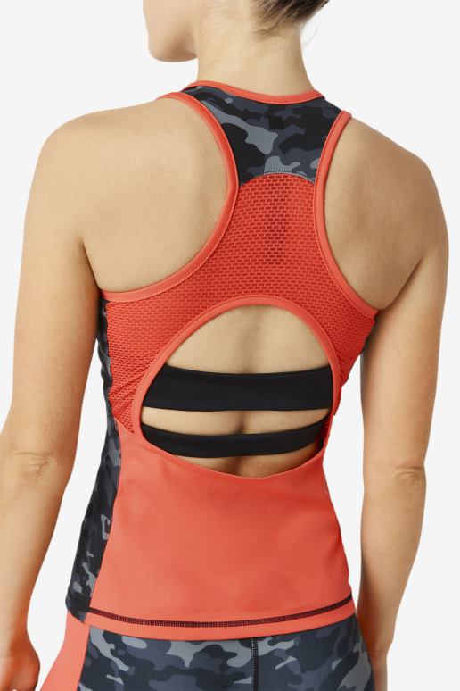 FILA kvinner fila dark camo/hot coral/black uplift colorblock racerback tank HHL841870 mørk camo/varm korall/svart